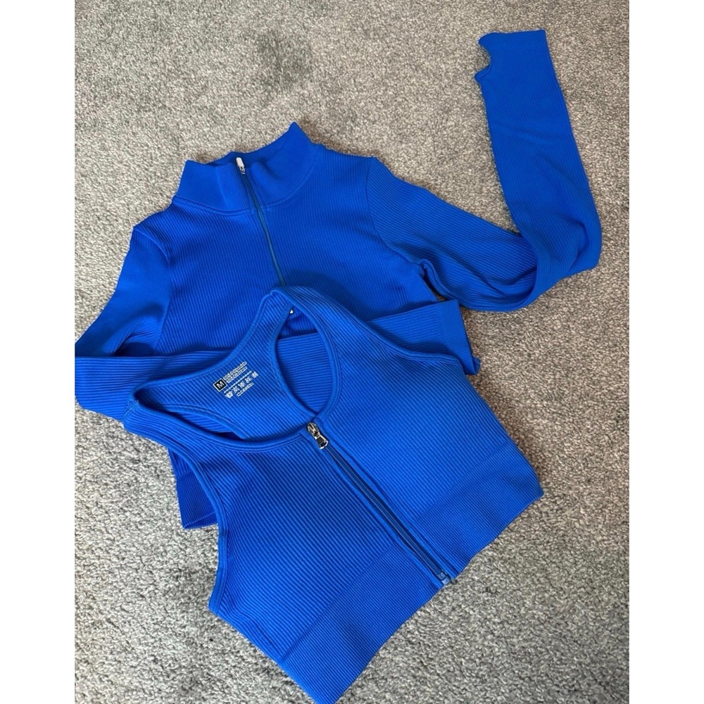 Blue Ribbed Zip Up Sports Bra and Long Sleeve Pullover Set Gym Athletic Bundle M